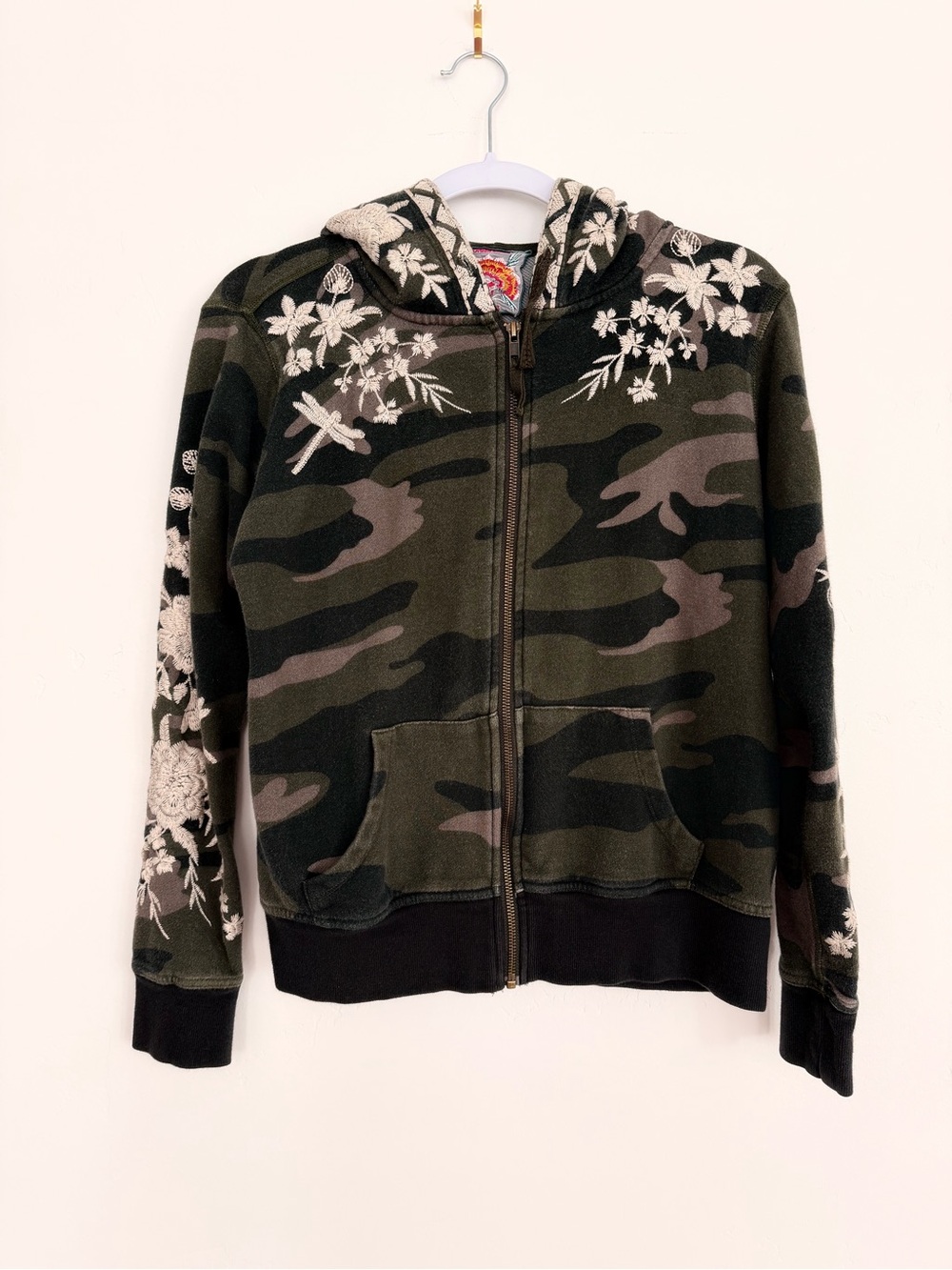 Johnny Was Camo Floral Embroidered Zip Up Hoodie XS